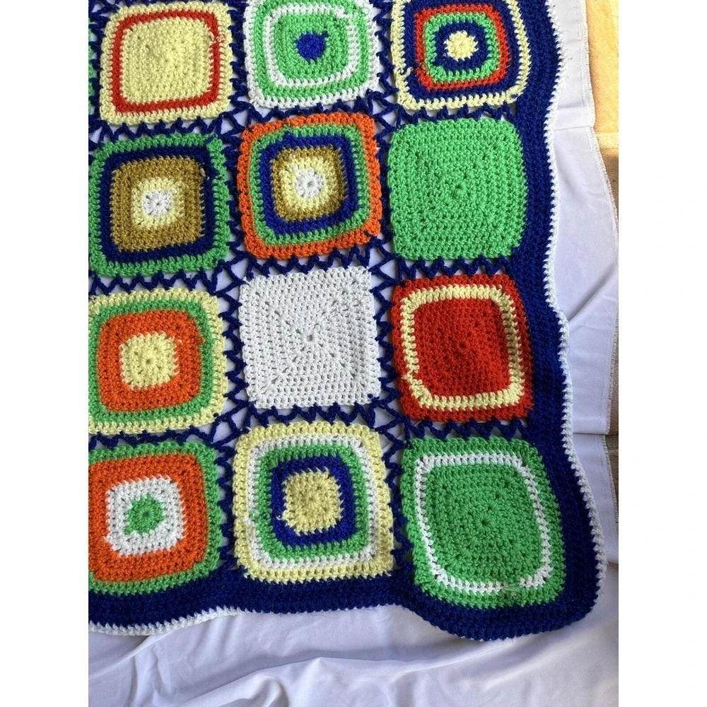 Vtg Squares Crochet Afghan 70's Granny Blanket Multicolor 43